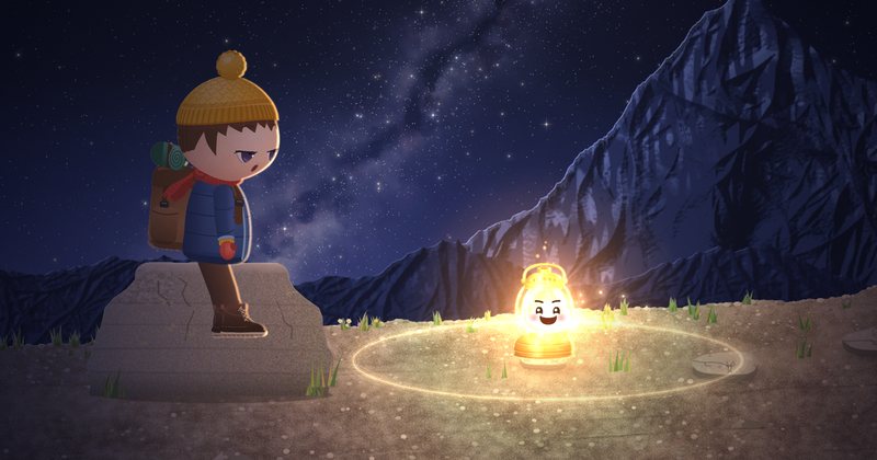 夜の山。岩に腰かけた毛糸帽の子どもが、金色に光る顔つきのランタンを見つめていて、地面に光の輪が広がっている。