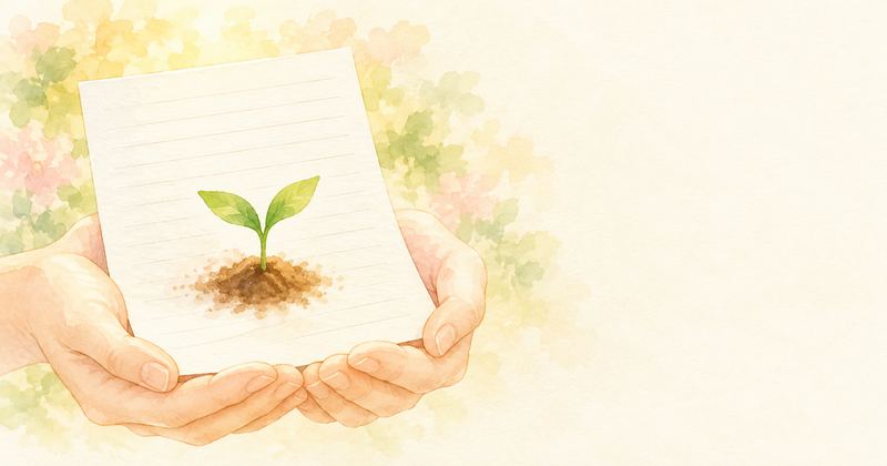 罫線だけの便箋を両手が包み、便箋の中央の土から双葉が伸びている。
