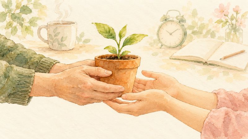 大人の手が鉢植えの芽を差し出し、若い人の手がそれを受け取る手元のアップで、背景にマグや時計が薄く見える。