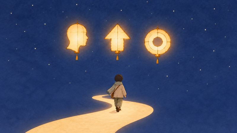 星の夜空の下、光る道を歩く人の後ろ姿を、横顔と矢印と輪の形をした3つのランタンが照らしている。