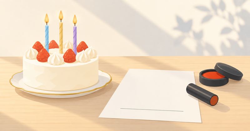テーブルの上のケーキの横に、署名欄の線だけの白紙と黒い印鑑が置かれている。