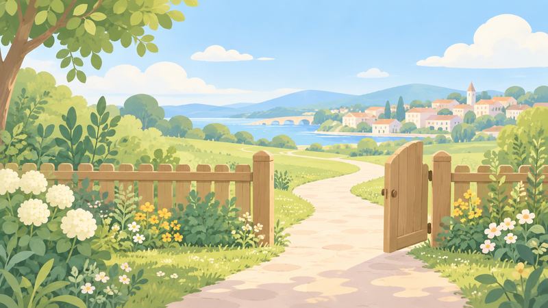 木の柵に囲まれた庭の開いた戸から、小道が外の広い草原と遠くの町へ続いている。