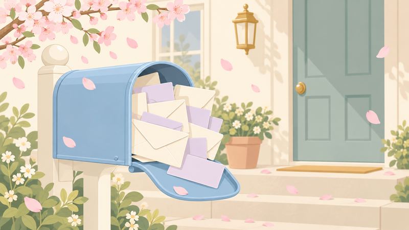 桜が舞う春の玄関先で、郵便受けに無地の封筒やチラシがぎっしり詰まり少しあふれている。