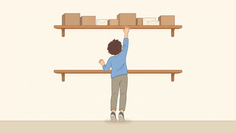 壁の棚は手の届く下の段が空で、箱と封筒は高い段に並び、後ろ姿の人がつま先立ちで上へ手を伸ばしている。