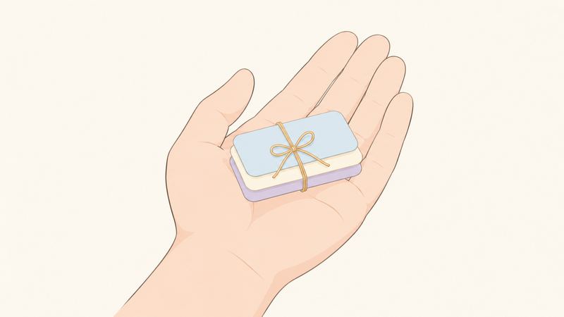 上向きの手のひらの上に、色違いのカード3枚が重ねられ、金茶のひもで十字に束ねられ蝶結びになっている。