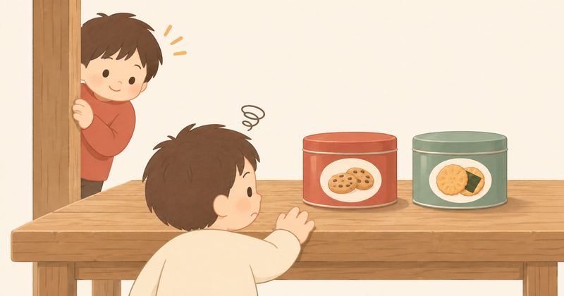 クッキーの赤い缶とおせんべいの緑の缶を前に弟が迷って手を伸ばし、柱のかげから兄がにっこりのぞいている。