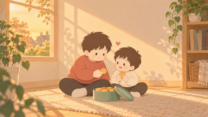 夕方の光が差す部屋で、兄弟が並んで座ってクッキーを手に笑い合い、前には開いた緑の缶、2人の間に小さなハートがある。