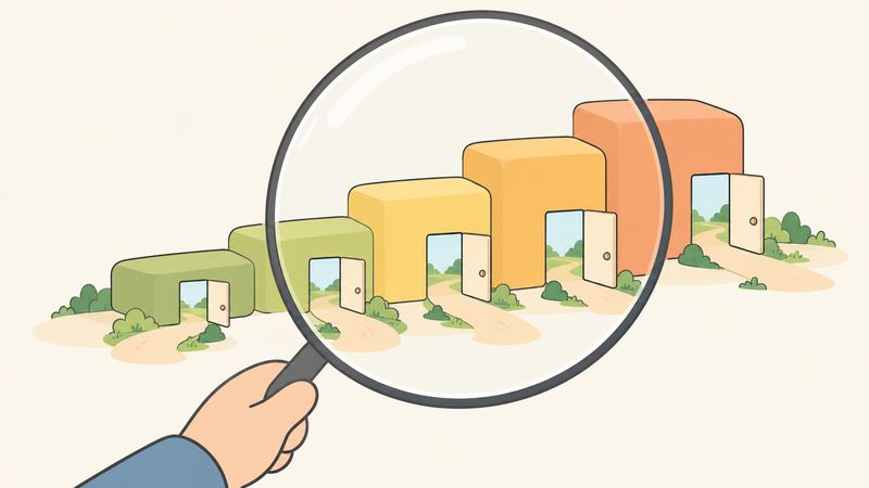 右上がりに並ぶ5段のブロックはどれも正面に扉が開き、手前で手が虫めがねを覗いている。