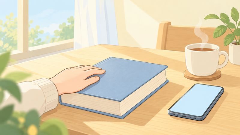 分厚い本を閉じてその上に手を置き、隣では湯気の立つマグとスマホが朝の光の中に置かれている。