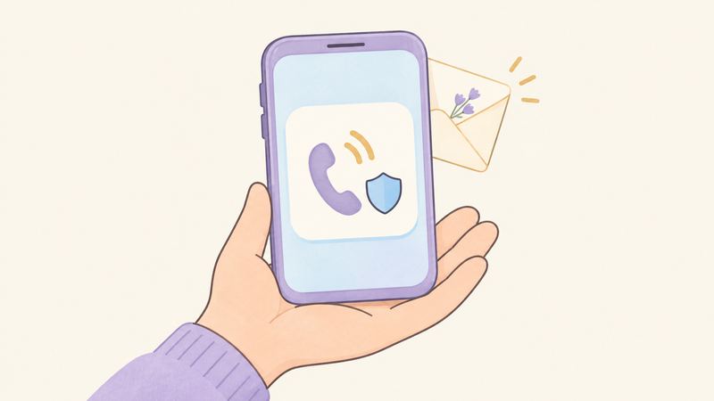 手のひらに乗ったスマホの画面に受話器と盾のアイコンが表示され、背後に花の封筒がのぞいている。