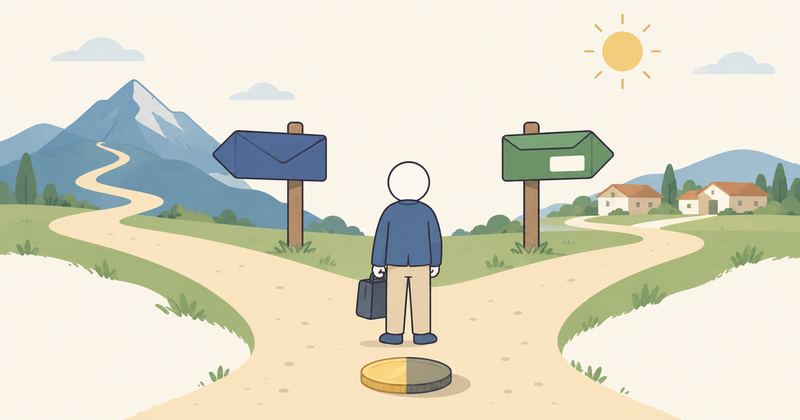 山道の分かれ道に通勤かばんの人の後ろ姿が立ち、左の道標に藍色の封筒、右の道標に緑の封筒、足元に半分だけ光る硬貨がある。
