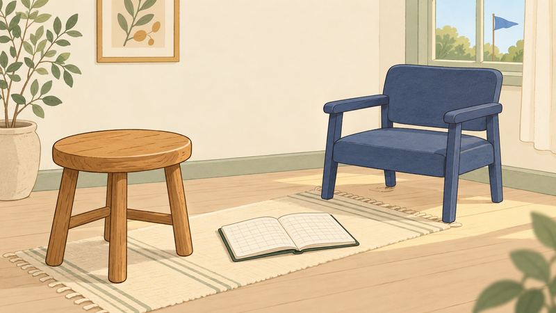 手前の丸いスツールと奥のひじ掛け椅子をつなぐ通路に帳簿ノートが置かれ、窓の外に旗が見える。