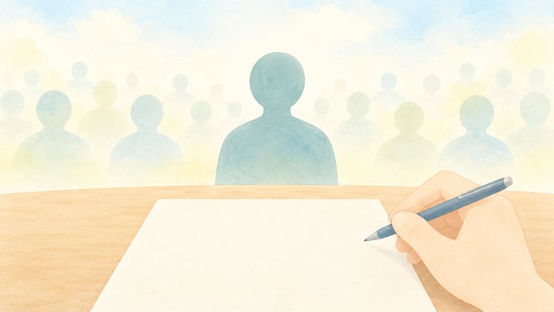 机の便せんに向かうペンの横に、くっきりした1人の後ろ姿と、薄く消えかけた大勢のシルエットが重なって浮かんでいる。