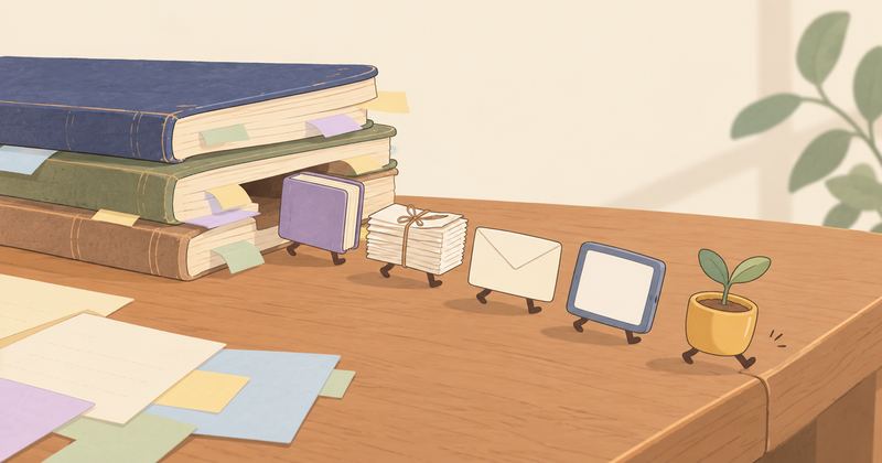 積み上げたノートのすき間から、足の生えた小さな本や紙束、封筒、端末が机の端へ一列に歩いていく。
