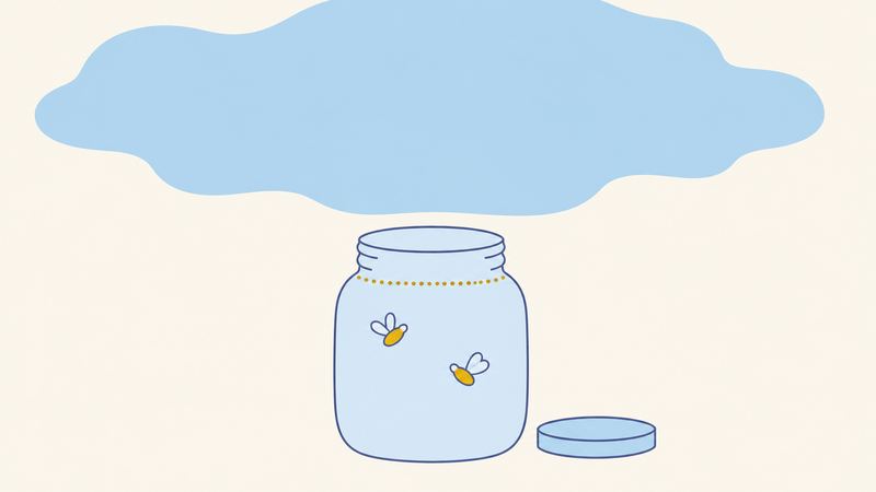 ふたの外れたガラス瓶の口の下にかつてのふたの位置を示す点線があり、その下だけを小さな虫が飛んでいる。