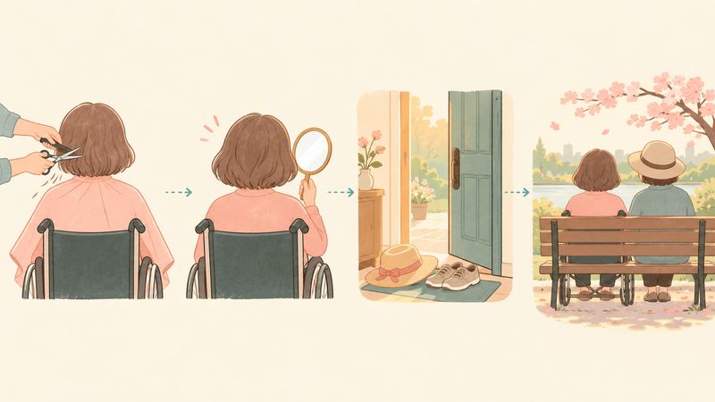 車いすの人の髪を整える手、手鏡をのぞく後ろ姿、玄関の靴、ベンチに並ぶ2人の後ろ姿が4場面に続く。
