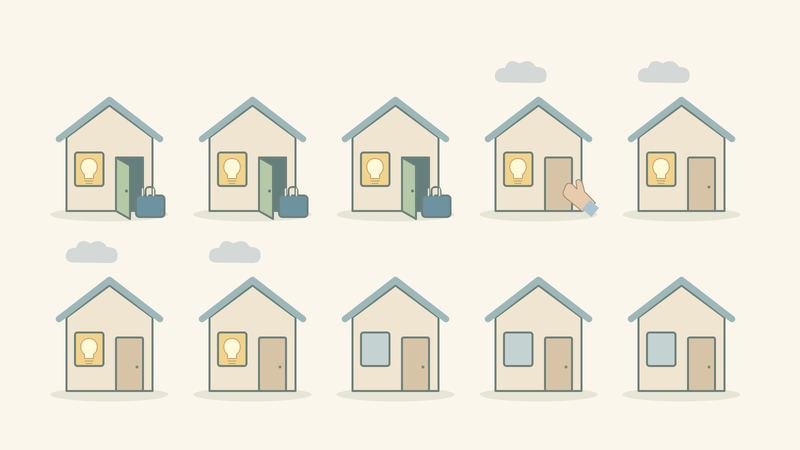 同じ形の家が10軒並ぶ俯瞰図で、明かりのある家の一部だけ扉が開いて道具かばんが入り、残りの扉には灰色の雲が浮かんでいる。