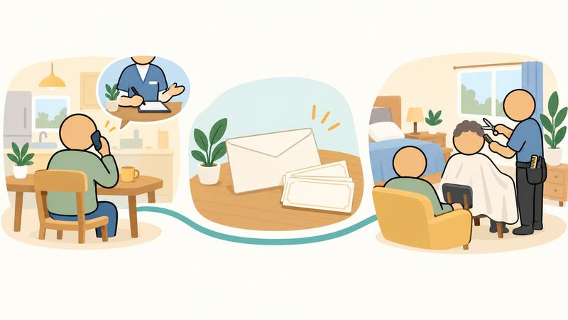 台所で電話をかける人と相談員、案内の封筒と利用券、寝室でカットする美容師とそばで見守る家族の3場面が道でつながれている。