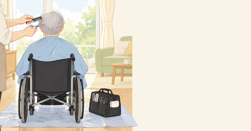 窓辺の居間で車いすに座りケープをかけた人の後ろ姿に、訪問美容師の手がハサミとくしを構えている。
