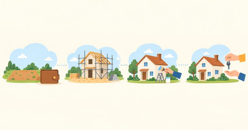 更地と財布、足場のかかった建築中の家、刷毛で外壁を塗り直す手、鍵を手渡す手の4場面が点線でつながって並ぶ。