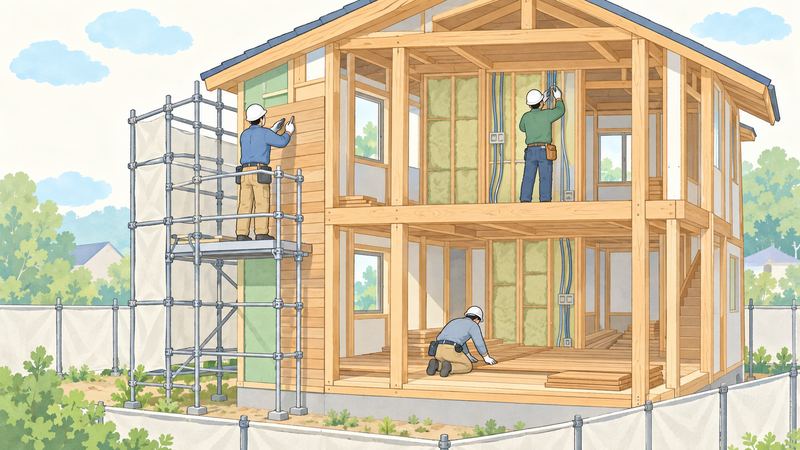 建築中の木造2階建ての断面で、外壁を張る人、断熱材と配線の間で作業する人、床を張る人がそれぞれ後ろ姿で働いている。
