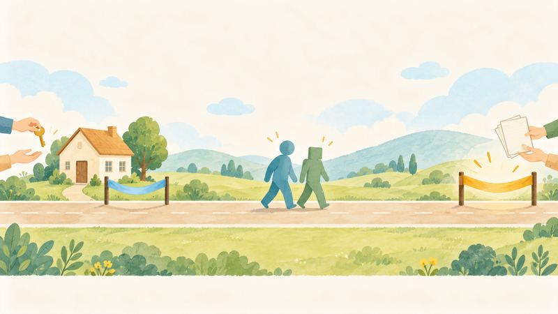 一本道の途中にたるんだゴールテープと鍵の受け渡しがあり、先を2つの影が並んで歩き、道の終わりに光るゴールテープがある。