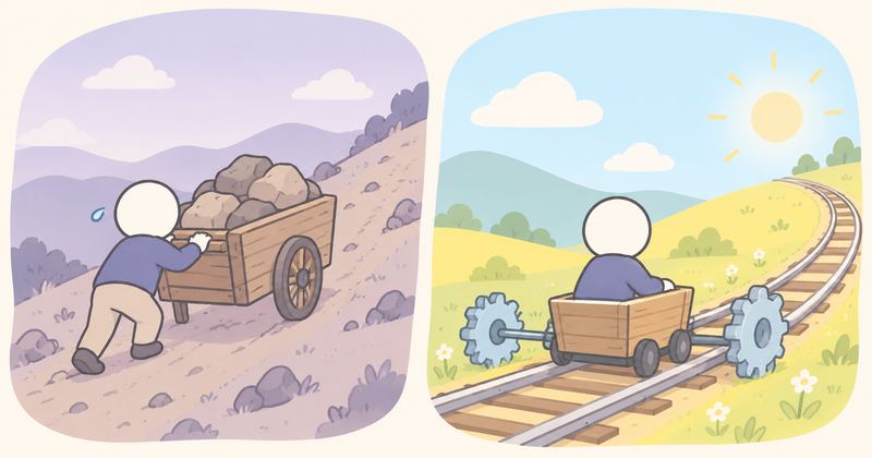 左半分では人が坂道で重い荷車を押し、右半分では同じ人が歯車のトロッコに乗って進んでいる。