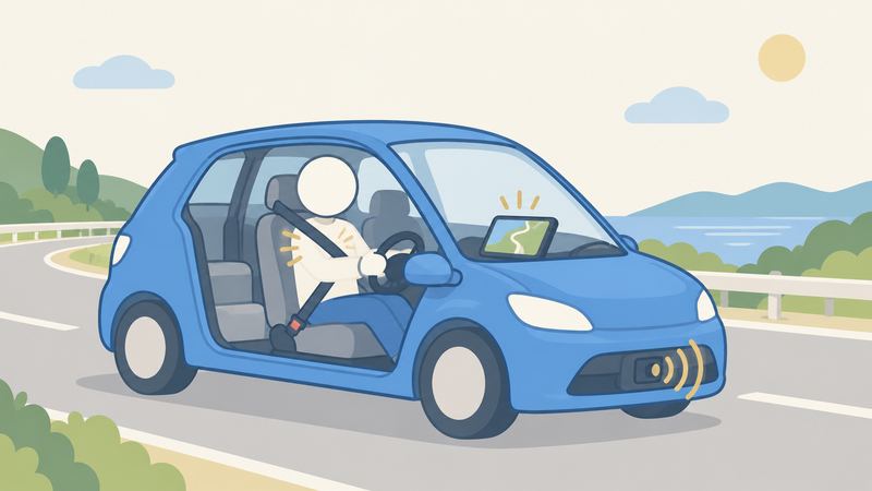 丸い車が道路を走り、運転席の人がハンドルを握り、シートベルトやナビやセンサーがやさしく光っている。
