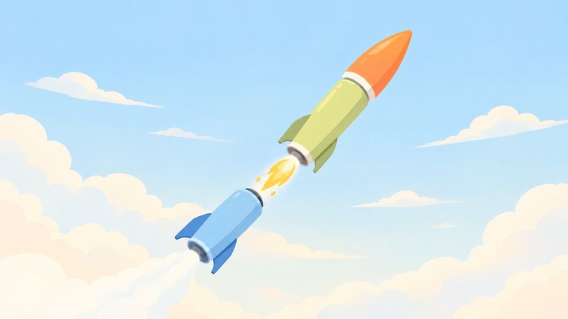 青空を上がる3段式ロケットの最下段が切り離され、その炎が上の段の底へ受け渡されている。
