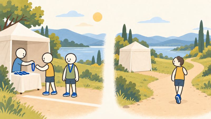 左は受付テントで青いリボンを受け取る走者たち、右は道を進みながら幕の下りたテントを振り返る後ろ姿の走者。