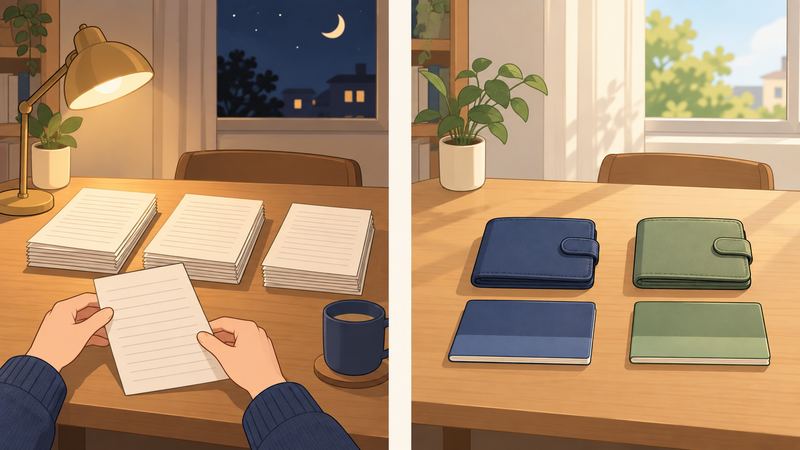 夜に紙の束を手で仕分ける場面と、昼に財布と通帳が色分けして整然と並ぶ机が対比されている。