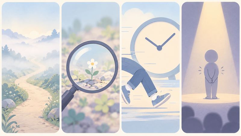 4コマの中で、霧の道や時計の前を走る脚、光の中で立ち尽くす人型が描かれている。