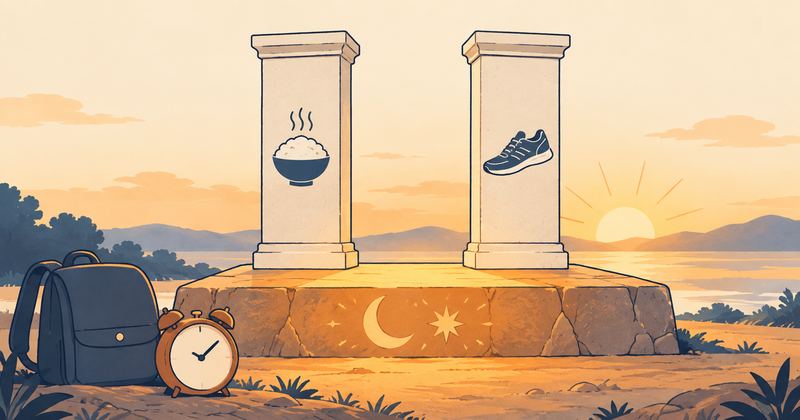 三日月と星の意匠の石の土台が光に照らされ、その上に茶碗の意匠の柱とスニーカーの意匠の柱が2本立つ。