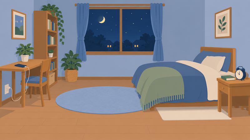 夜の勉強部屋で、スマホは画面を伏せて壁のコンセントで充電され、ベッドサイドには本と目覚まし時計だけがある。