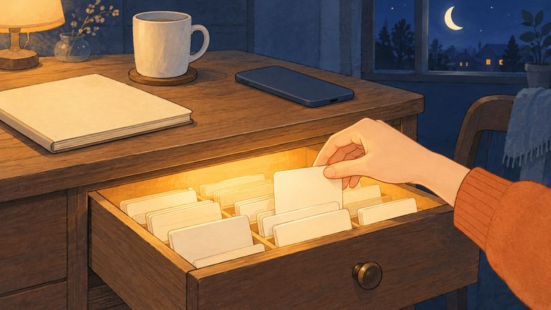 夜の勉強部屋で、木の机の引き出しに白紙のカードが並び、伸びた手が1枚をつまみ上げている。