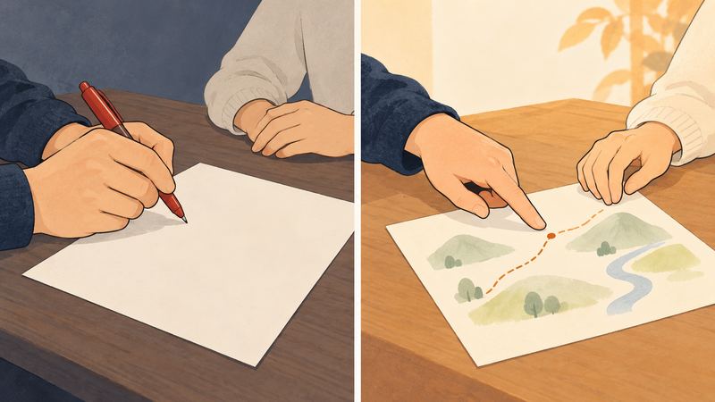 左は暗い色調で大人の手が赤ペンを紙に構え、右は暖色で同じ手が地図を指し若い手が寄り添う。