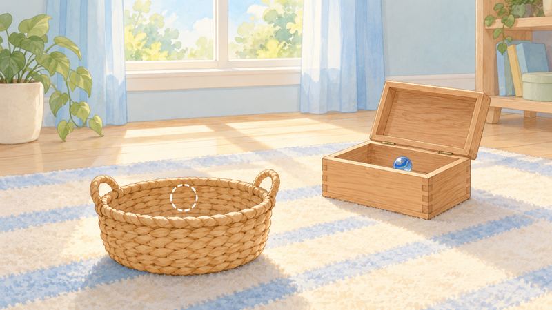 明るい子ども部屋で、手前の編みカゴの縁に点線の輪が浮かび、奥の木箱には実物のビー玉が入る。