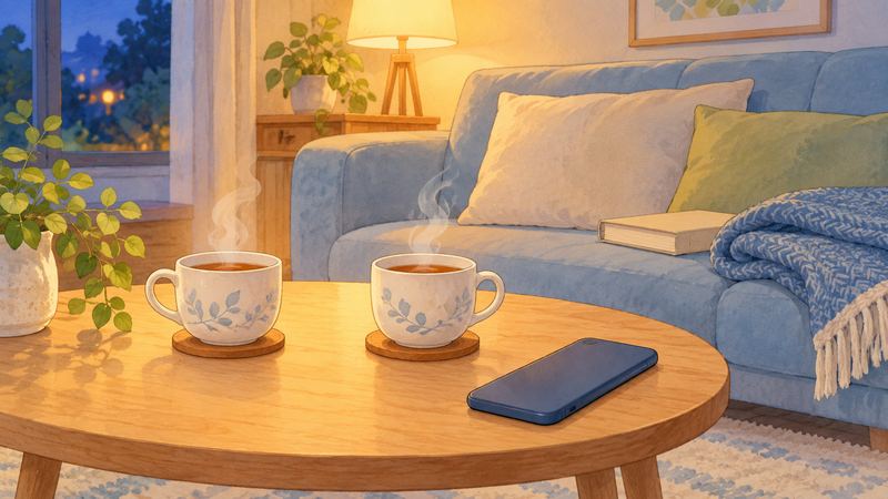 夜のリビングのテーブルに、裏返したスマートフォンと湯気の立つカップが2つ並び、奥にソファとひざかけが見える。