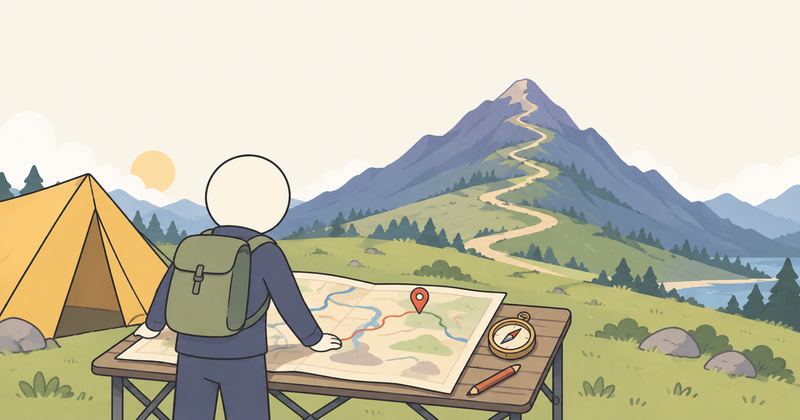 テントの横で登山者の後ろ姿が折りたたみ机の地図を見て、赤いピンが1本刺さり、机の端にコンパスと鉛筆が置かれている。