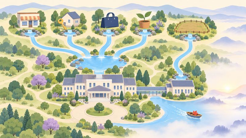 上空から見た地図で、5つの泉から流れた水が本館前の池に注ぎ、土地の泉だけ渡り廊下でつながる別館へ流れる。