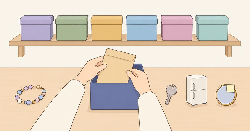 作業台で両手が茶色の封筒を藍色の箱へ入れ、奥の棚に6色の箱が並び、台の上には黄色い付箋が貼られたメダルが1つ残っている。