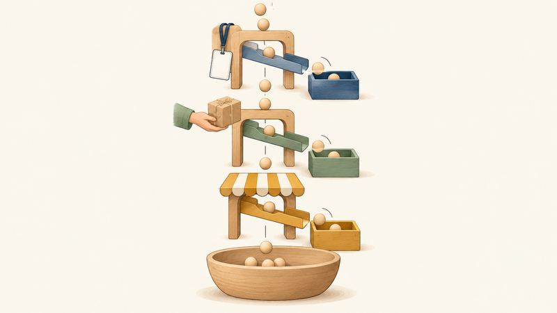 三段のゲートを玉が落ちながら通り、途中で箱へ振り分けられ、すり抜けた玉が一番大きな鉢に集まっている。