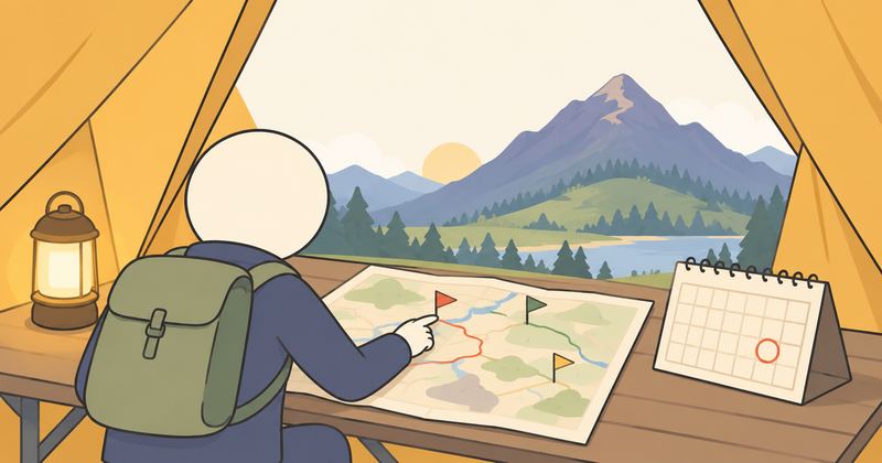 テントの中でランタンが灯り、登山者が地図の赤・緑・黄の小旗のうち赤を指さし、脇の卓上カレンダーに赤い丸が1つある。