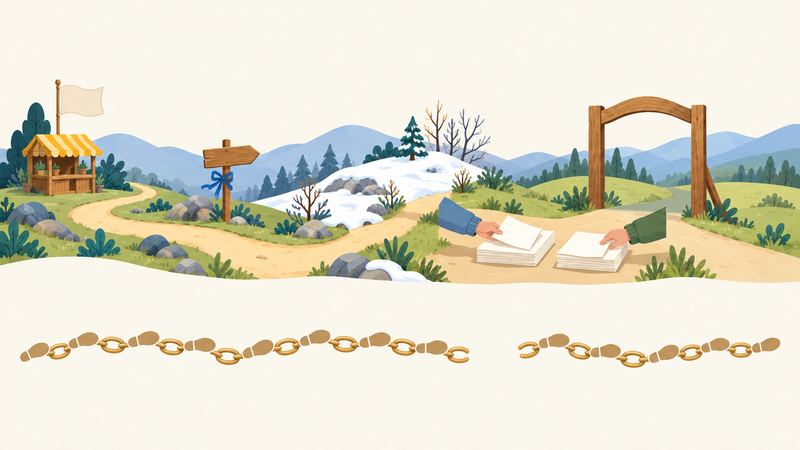 山道が店の旗から道標、紙を積む手を経て木の門へ続き、門の先で道の色が変わる。下の足跡と金の鎖は1か所だけ途切れる。