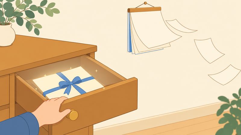 青い袖の手が木の引き出しを開けると、青いリボンを結んだ紙がほのかに光り、壁のカレンダーからは紙が飛んでいく。