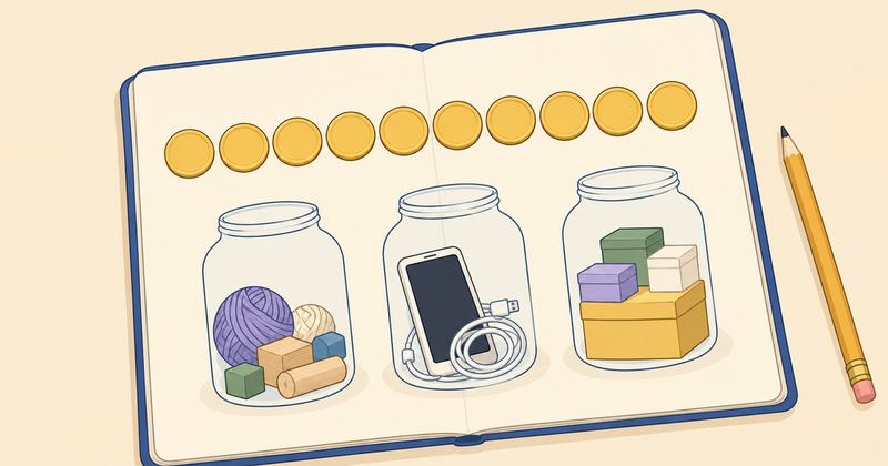 開いたノートの上段に金色の硬貨が横一列に並び、下段のガラスびん3本に毛糸と木片、スマホ、雑貨の小箱が入っている。