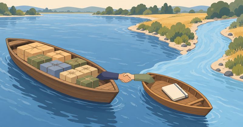 広い川に荷物を積んだ大きな舟が浮かび、支流からノートを乗せた小舟が合流し、合流点で大きな舟の手と小舟の手が握手している。