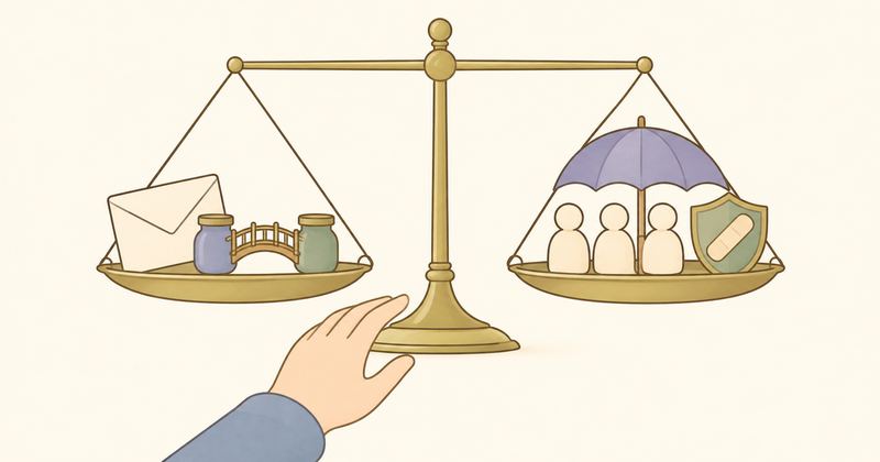 中央の真鍮の天秤は水平で、左の皿に封筒と小びんを渡す橋、右の皿に家族を覆う傘と絆創膏を貼った盾があり、手前で手が止まる。
