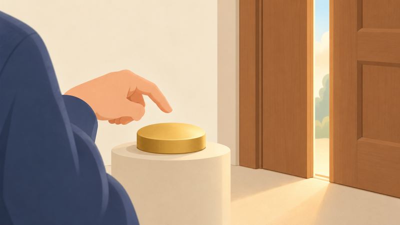 押しボタンの上で指を止めた人の横で、木の扉がわずかに開いて光が差している。