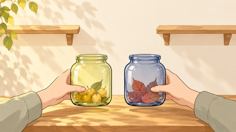 離れた2つの空の棚の下で、金色の実のびんと赤い葉のびんを左右の手が1つの机に並べて置いている。